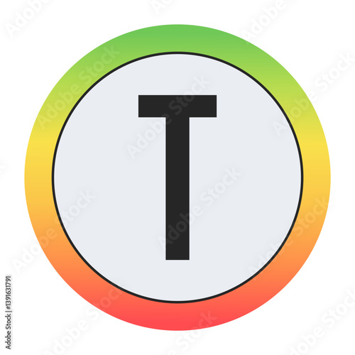 Minimal black Capital letter T on soft gray circle framed by warm gradient ring. Simple, modern, and perfect for digital design, labels, or app icons.