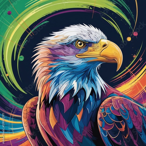 A vibrant and colorful digital painting of a majestic bald eagle in an abstract style, featuring bold strokes, bright hues, and a dynamic artistic composition perfect for modern art lovers. 