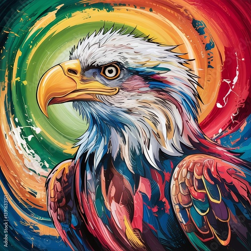 A vibrant and colorful digital painting of a majestic bald eagle in an abstract style, featuring bold strokes, bright hues, and a dynamic artistic composition perfect for modern art lovers. 