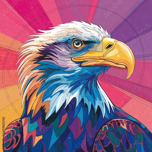 A vibrant and colorful digital painting of a majestic bald eagle in an abstract style, featuring bold strokes, bright hues, and a dynamic artistic composition perfect for modern art lovers. 