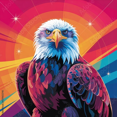 A vibrant and colorful digital painting of a majestic bald eagle in an abstract style, featuring bold strokes, bright hues, and a dynamic artistic composition perfect for modern art lovers. 