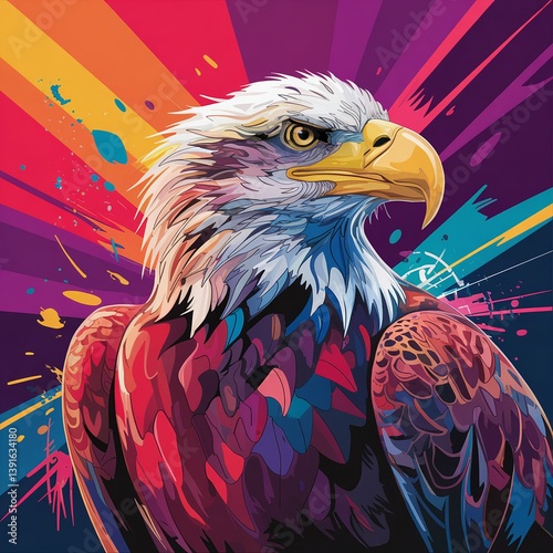 A vibrant and colorful digital painting of a majestic bald eagle in an abstract style, featuring bold strokes, bright hues, and a dynamic artistic composition perfect for modern art lovers. 