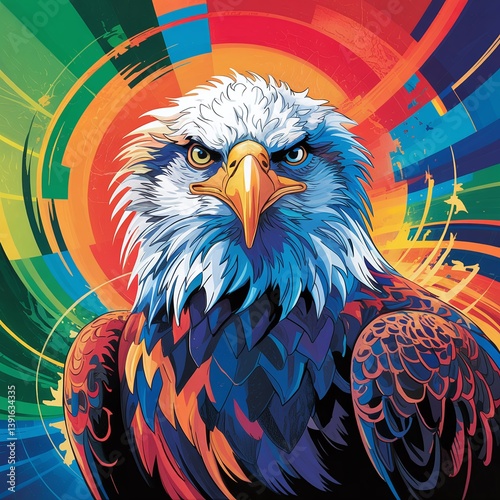 A vibrant and colorful digital painting of a majestic bald eagle in an abstract style, featuring bold strokes, bright hues, and a dynamic artistic composition perfect for modern art lovers. 