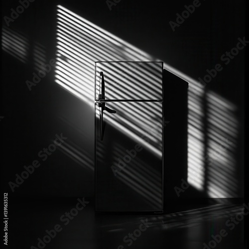Refrigerator bathed in sunlight filtering through blinds.