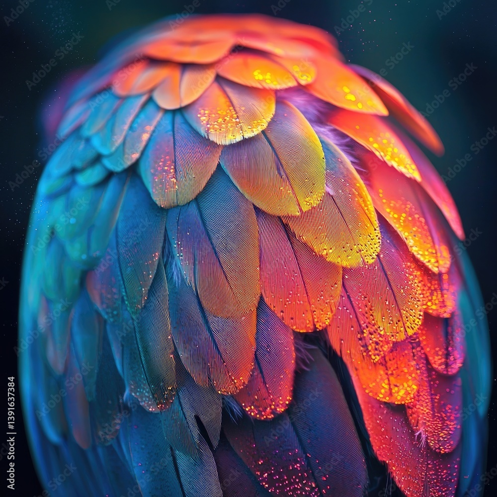 Fototapeta premium Close-up of colorful parrot feathers layered in red, pink, and blue tones with scattered glowing particles. Generative by AI.