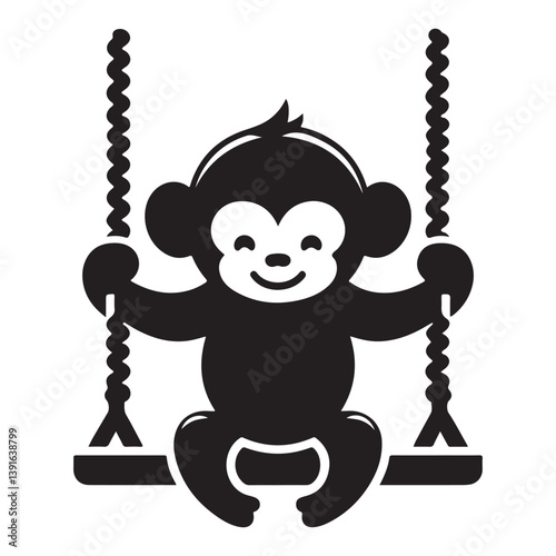Cute Monkey Swinging on a Tree Swing Vector Illustration