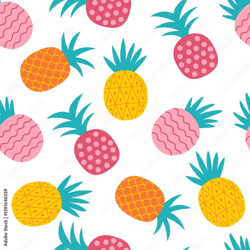 Multicolored pineapples seamless pattern. Summer pattern with pineapples forwrapping paper fabric and. Multicolored pineapples seamless pattern. Summer pattern with pineapples forwrapping paper fabric and.