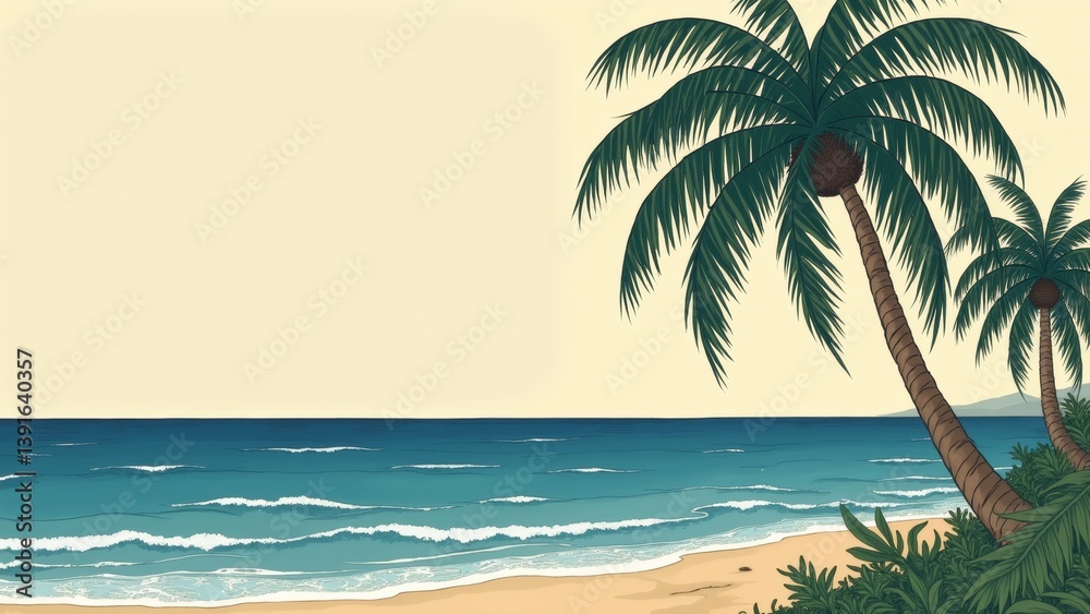 Obraz premium digital illustration tropical beach scene background light beige color clear blue sky ocean distance ocean deep blue small waves crashing onto shore right side two tall palm trees green leaves