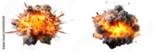 explosion isolated on white background, fire, smoke