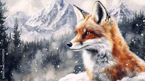Red Fox in Snowy Mountains. Digital Painting. Possible Use Stock Photo photo
