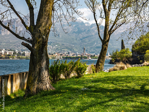 View of Lecco town from Valmadrera lakeside photo