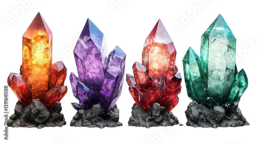 colorful crystal cluster on white background.