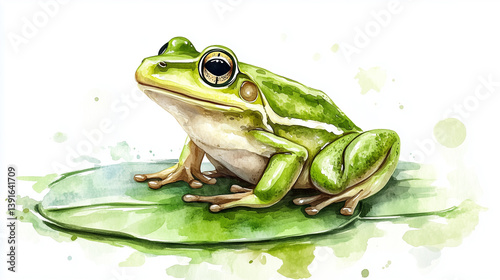 A simple watercolor illustration of a green frog sitting peacefully on a lily pad, rendered with minimal details and soft color washes on a white background