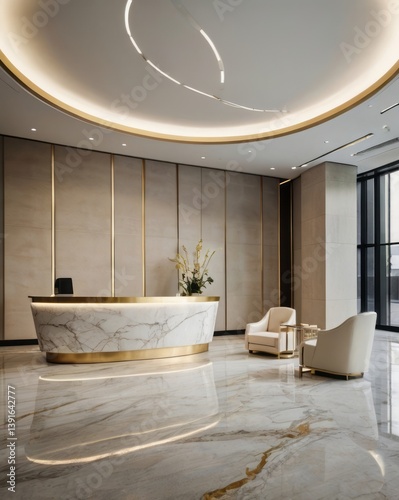 A modern office lobby displays a stylish reception desk and seating