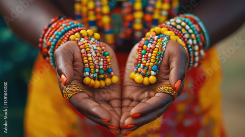 Close-up view of a dancer's hands delicately holding ceremonial artifacts adorned with colorful beads and intricate patterns during the Aboakyer Festival, symbolizing heritage and tradition
