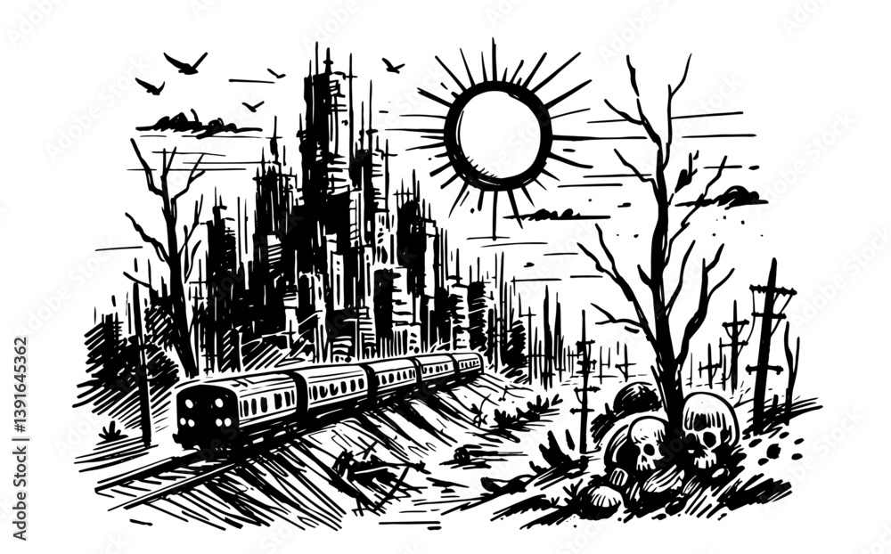 Fototapeta premium abandoned train near post-apocalyptic city