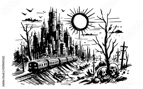 abandoned train near post-apocalyptic city