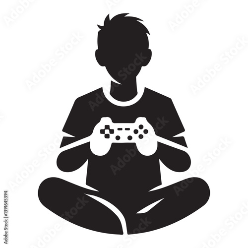 Young Gamer Silhouette Concentrated with Controller Vector Art Design