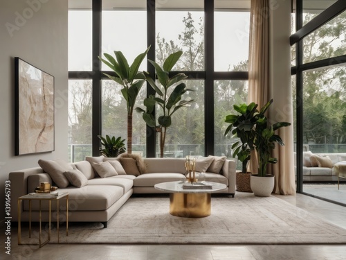 Interior view of a modern living room with large windows