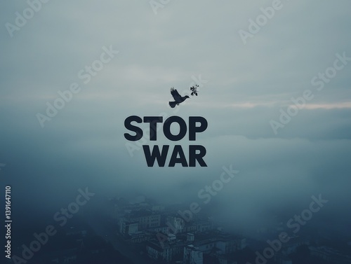 peace illustration - Stop War written on the sky with a peace dove