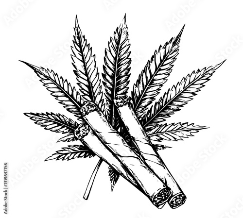 marijuana joints with cannabis leaves in black and white