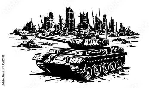 military tank in ruined urban war zone