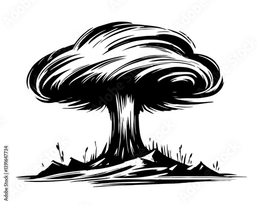 mushroom cloud explosion in stylized black ink illustration