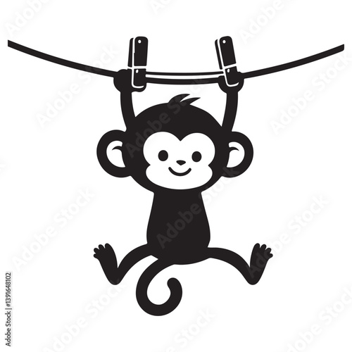 Cute Monkey Silhouette Illustration Hanging from Clothesline Smiling