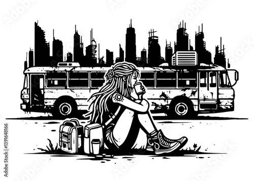 girl with backpack sitting near abandoned bus in ruined city