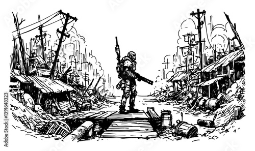 lone soldier in destroyed post-apocalyptic city ruins