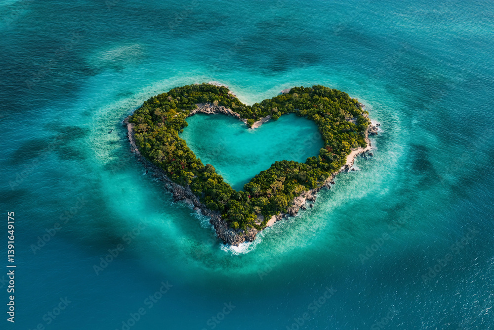 Heart-shaped island surrounded by turquoise water in a tropical setting Heart-shaped island surrounded by turquoise water in a tropical setting