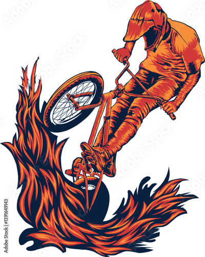BMX Rider Performing Extreme Stunt with Flaming Effects – Vector Illustration
