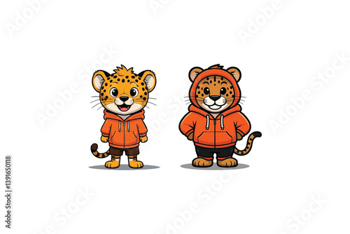 Two Cartoon Leopard Characters in Orange Hoodies, Standing Side-by-Side Against a Clean White Background, Radiating Charm and Playful Energy.