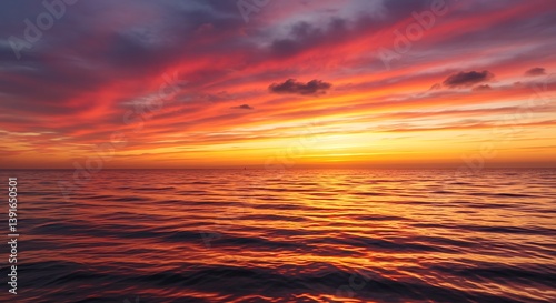 Sunset on red yellow sky back soft evening cloud over sea