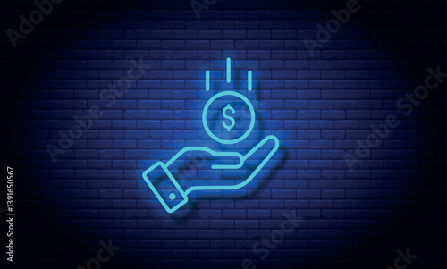 Neon Investment icon. Bright Circle in dollar above hand. Hand, dollar, circle, sign. Hand icon showing Business Grow Graph Icon.	