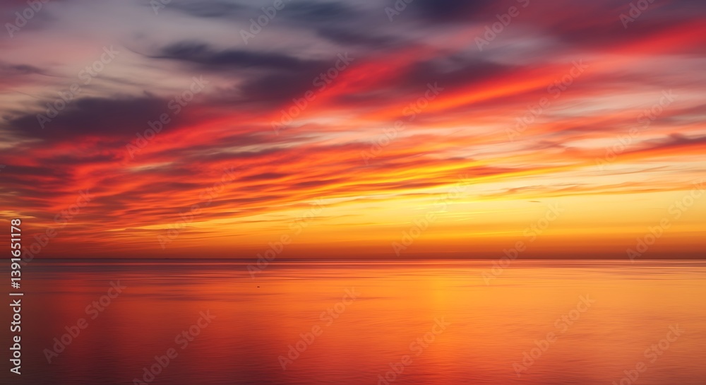 Fototapeta premium Sunset on red yellow sky back soft evening cloud over sea