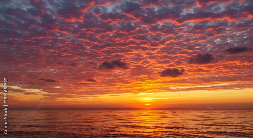 Fototapeta premium Sunset on red yellow sky back soft evening cloud over sea