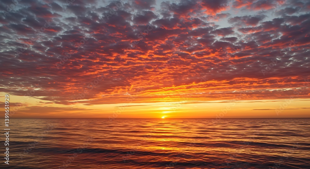 Fototapeta premium Sunset on red yellow sky back soft evening cloud over sea
