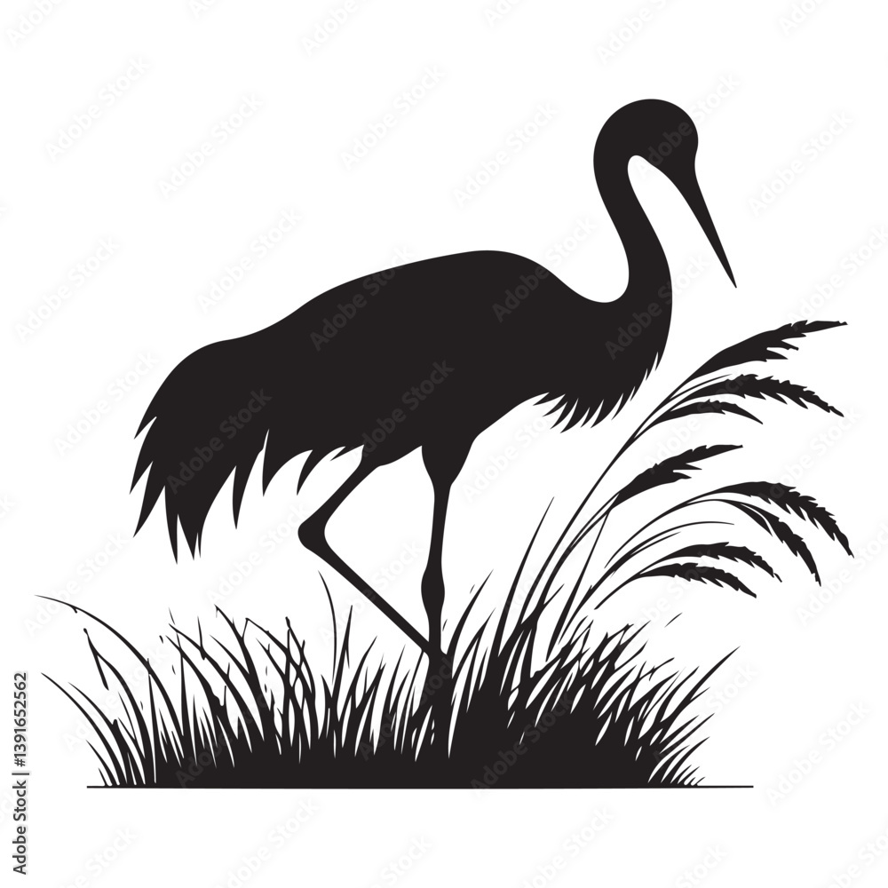 Obraz premium Elegant Crane Bird Silhouette Vector Illustration with Grass Design