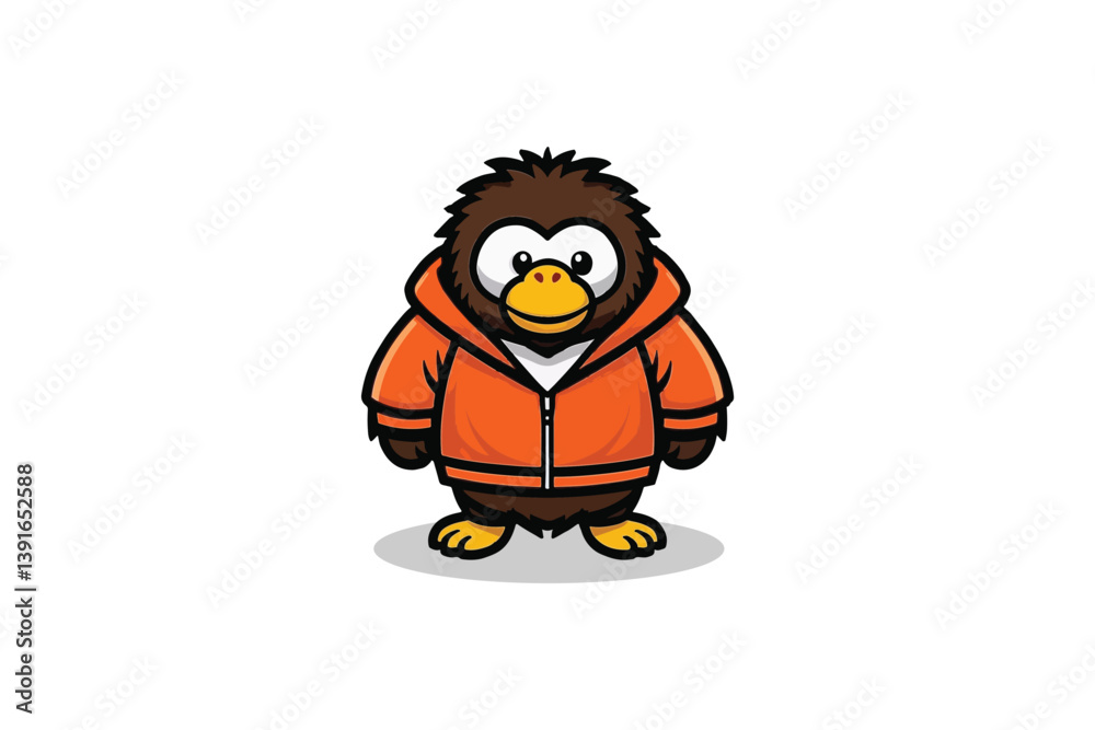 Fototapeta premium A Cartoon Penguin Character with Brown Feathers and Orange Hoodie, Standing Comfortably Against a White Background, Radiating a Friendly and Playful Vibe.