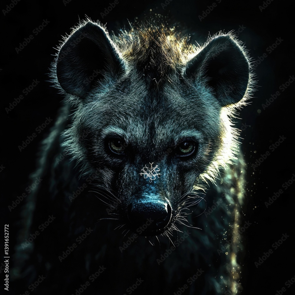 Obraz premium Hyena walking through dark ground with glowing fur and piercing look in intense wild setting. Generative by AI