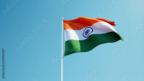 Indian Flag Waving in Blue Sky Stock Footage