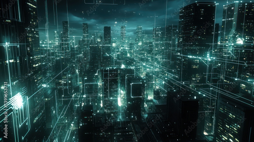 Futuristic city at night, digital network overlay, urban skyline, aerial view, technology, possible use in science fiction films or presentations Futuristic city at night, digital network overlay, urban skyline, aerial view, technology, possible use in science fiction films or presentations