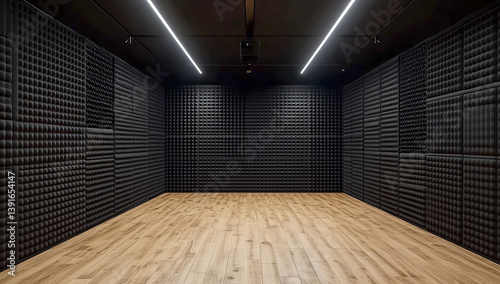 A black soundproof room with a wooden floor on background ai generated