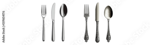 silver cutlery set on white background.