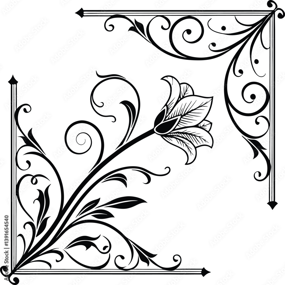 Black and white floral ornament with swirling design elements and vintage pattern Black and white floral ornament with swirling design elements and vintage pattern