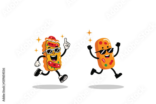 Wallpaper Mural Two Animated Food Characters, a Hot Dog and a Sausage, Run Joyfully with Sunglasses Against a White Backdrop, Radiating Fun and Energy. Torontodigital.ca