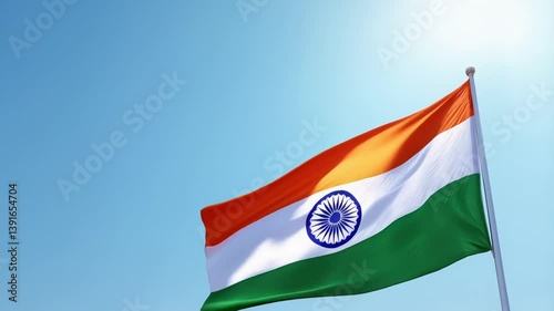 Indian Flag Waving in Blue Sky Stock Footage