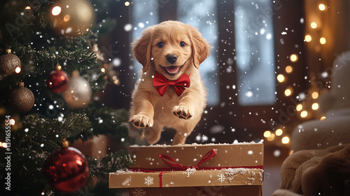 A cute fluffy dog with Christmas background ai generated