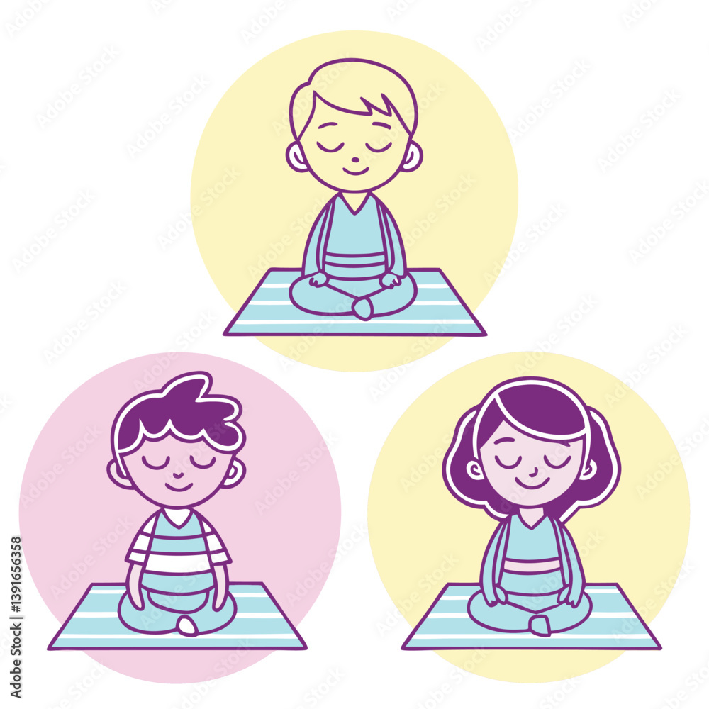 Mindfulness Meditation for Kids Boys, Girls, Peaceful Poses vector illustration Mindfulness Meditation for Kids Boys, Girls, Peaceful Poses vector illustration